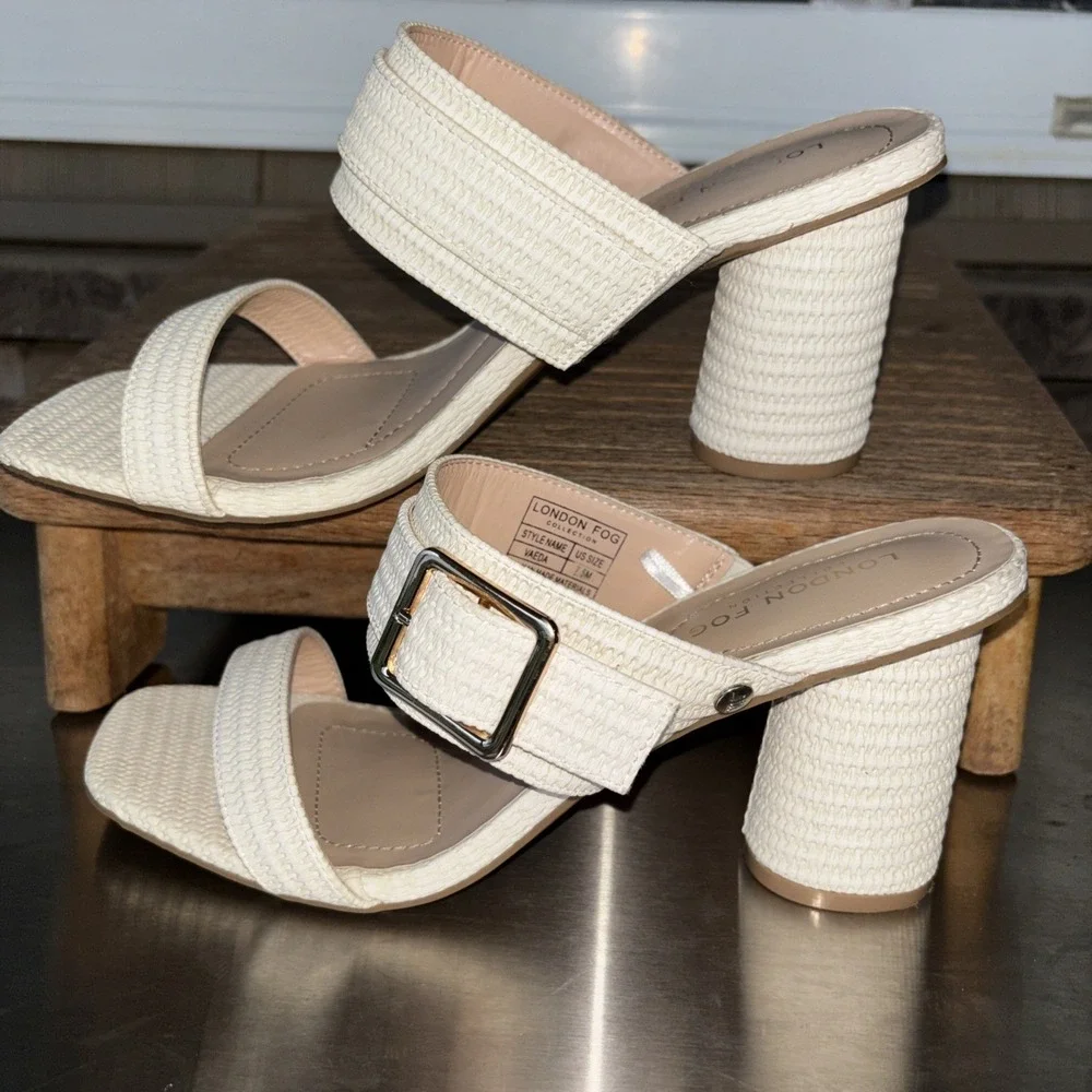 London Fog Cream Vaeda Sandals Womens 7.5 M Chunky Round Heel Buckle Square Toe
